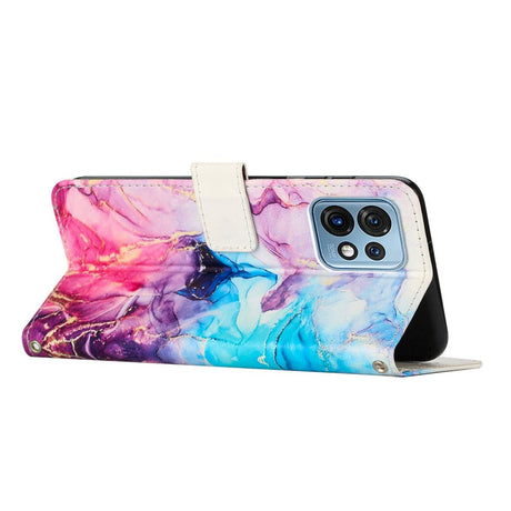 Motorola Edge 40 Pro Blødt Læder Cover m. Pung & Strop - Marmor - Blå / Lyserød / LiIla