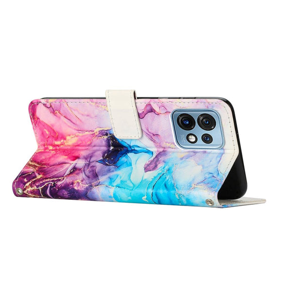 Motorola Edge 40 Pro Blødt Læder Cover m. Pung & Strop - Marmor - Blå / Lyserød / LiIla