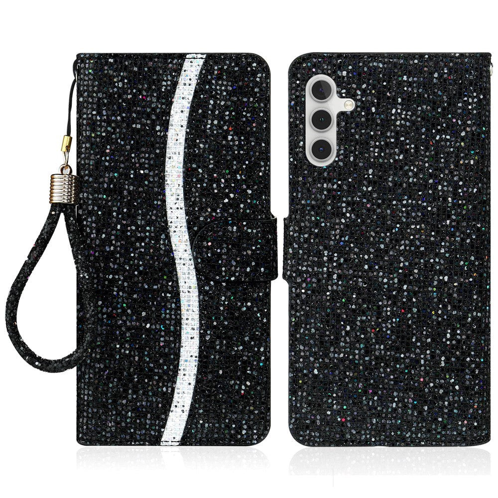Samsung Galaxy A24 Læder Cover m. Pung & Strop - Glitter Design - Sort