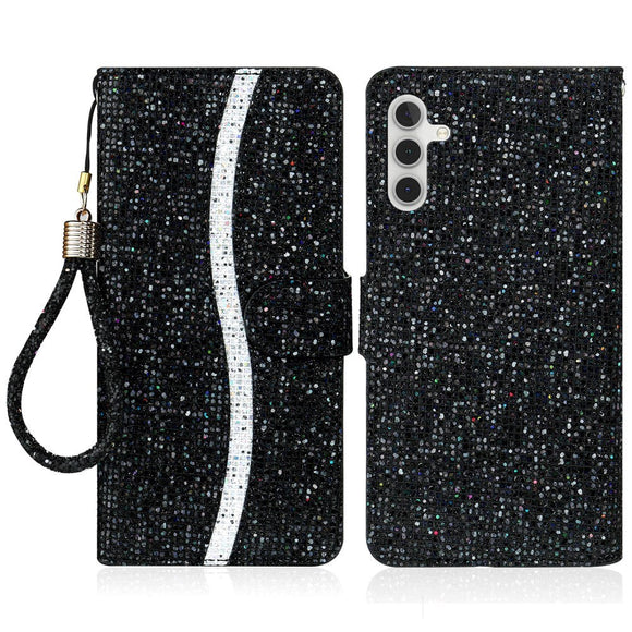 Samsung Galaxy A24 Læder Cover m. Pung & Strop - Glitter Design - Sort