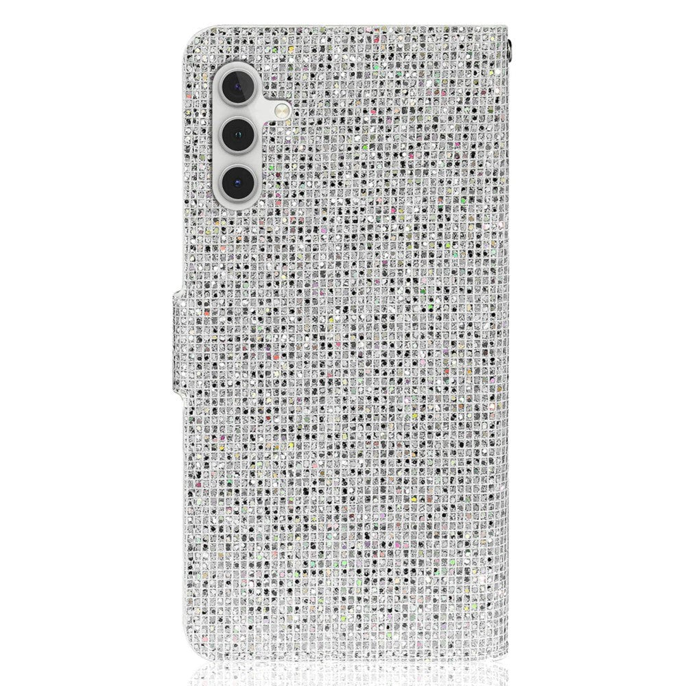 Samsung Galaxy A24 Læder Cover m. Pung & Strop - Glitter Design - Sølv