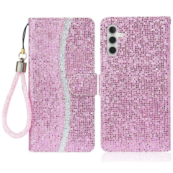 Samsung Galaxy A54 (5G) Læder Cover m. Pung & Strop - Glitter Design - Lyserød