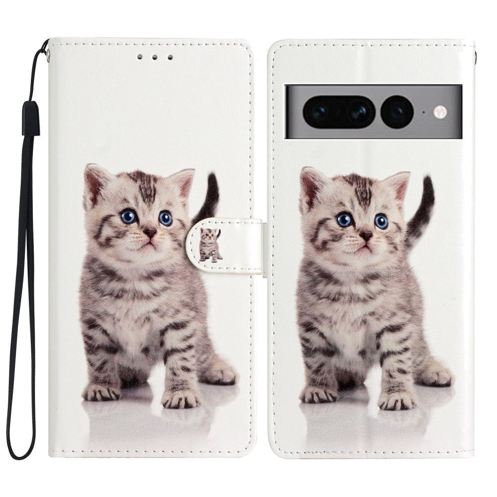 Google Pixel 7 Pro Læder Cover m. Pung og Strop - Sød Kat