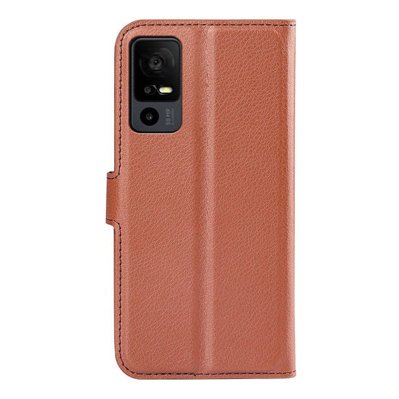 TCL 40R 5G Litchi Læder Cover m. Pung - Brun