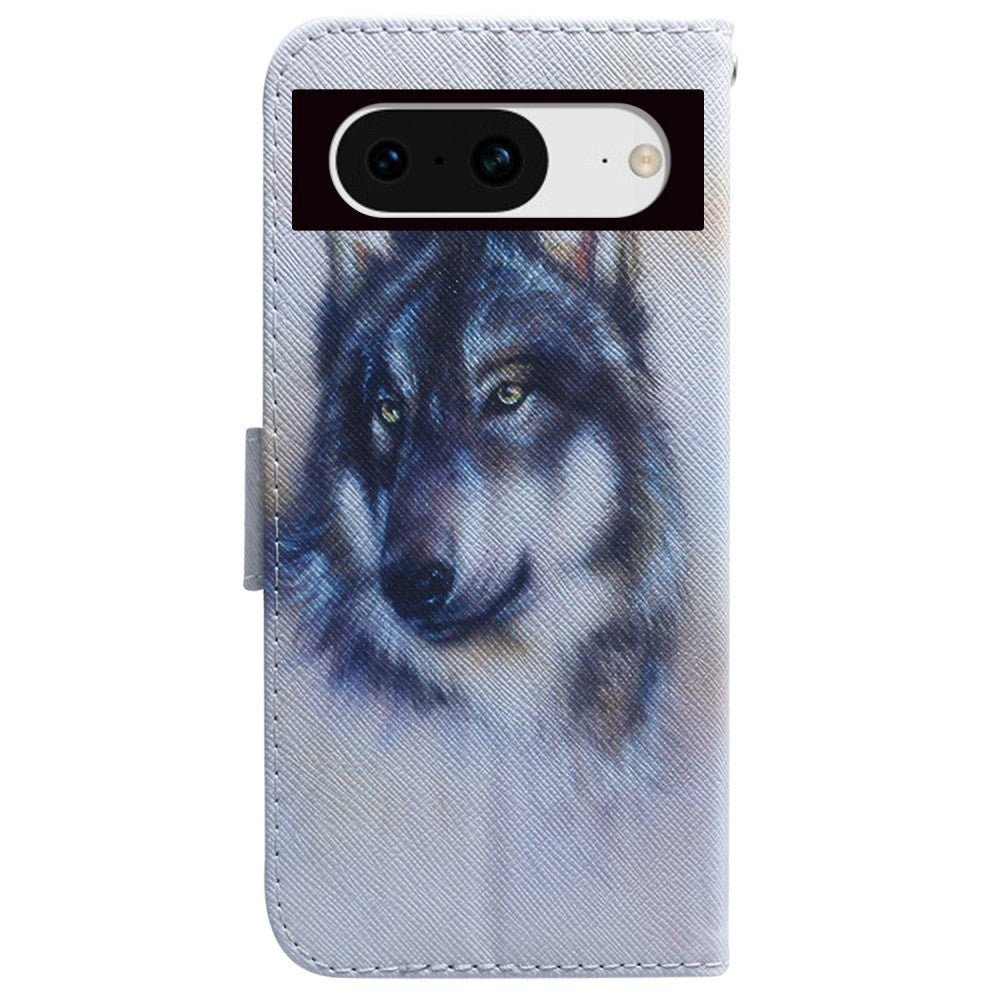 Google Pixel 8 Læder Cover m. Pung & Print - Ulv