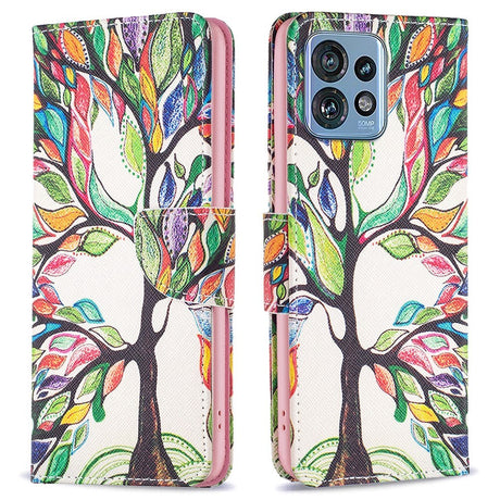 Motorola Edge 40 Pro Læder Cover m. Pung & Print - Farverigt Træ