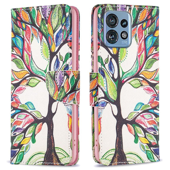 Motorola Edge 40 Pro Læder Cover m. Pung & Print - Farverigt Træ