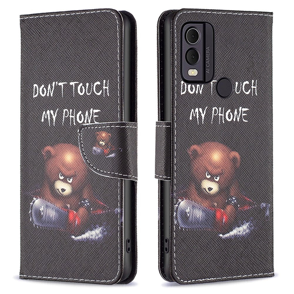 Nokia C22 Læder Cover m. Pung & Print - "Don't Touch My Phone" Bjørn