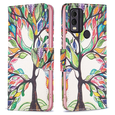 Nokia C22 Læder Cover m. Pung & Print - Farverigt Træ