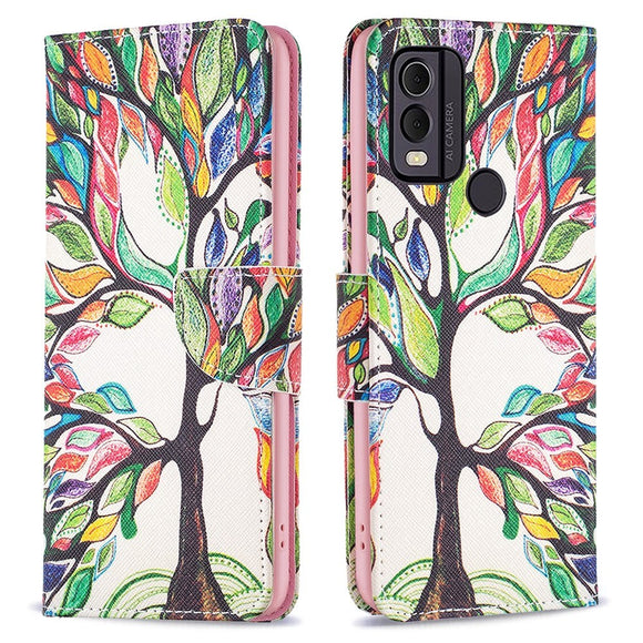 Nokia C22 Læder Cover m. Pung & Print - Farverigt Træ