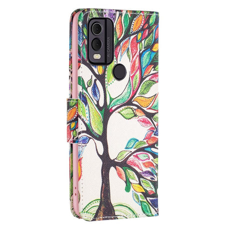Nokia C22 Læder Cover m. Pung & Print - Farverigt Træ