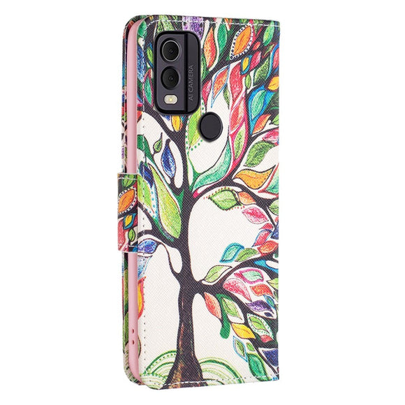 Nokia C22 Læder Cover m. Pung & Print - Farverigt Træ