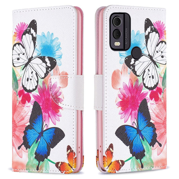 Nokia C22 Læder Cover m. Pung & Print - Sommerfugle & Blomster