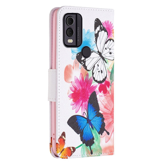 Nokia C22 Læder Cover m. Pung & Print - Sommerfugle & Blomster
