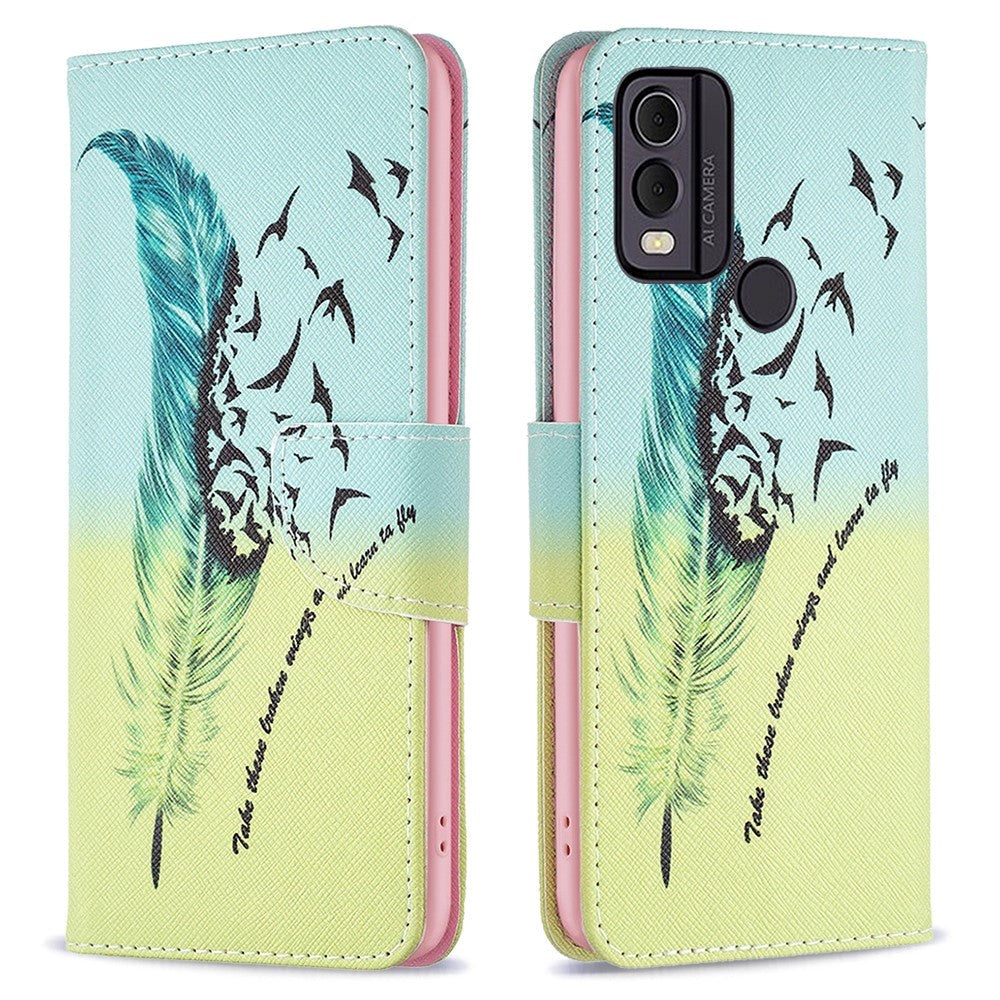 Nokia C22 Læder Cover m. Pung & Print - Fjer