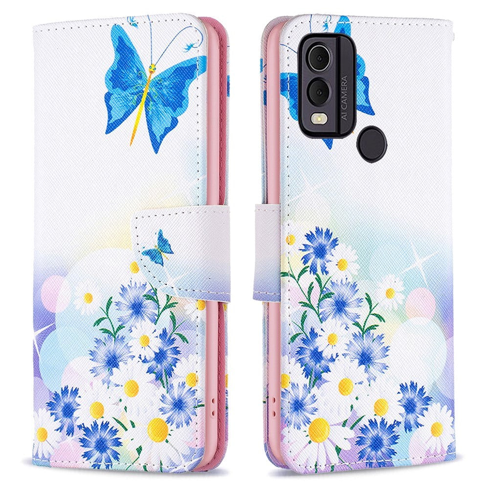 Nokia C22 Læder Cover m. Pung & Print - Sommerfugl