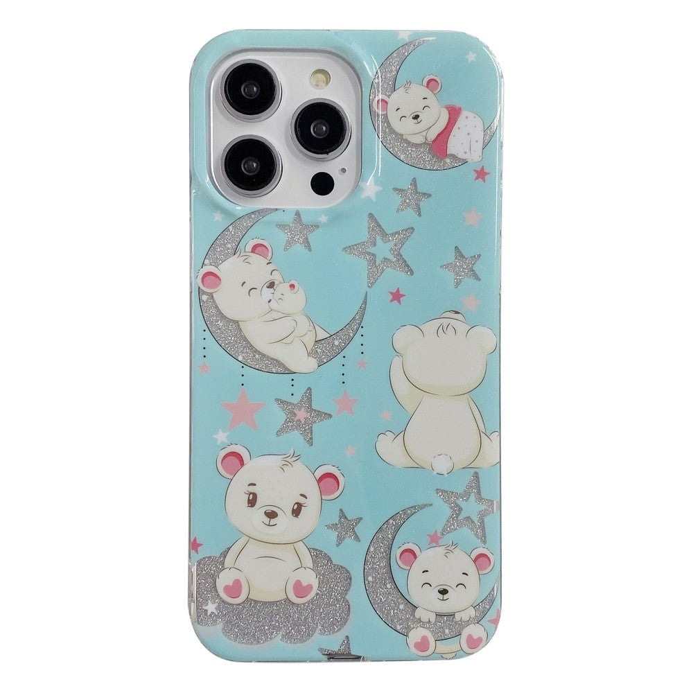 iPhone 14 Pro Glitter Plastik Cover - Bjørne & Stjerner