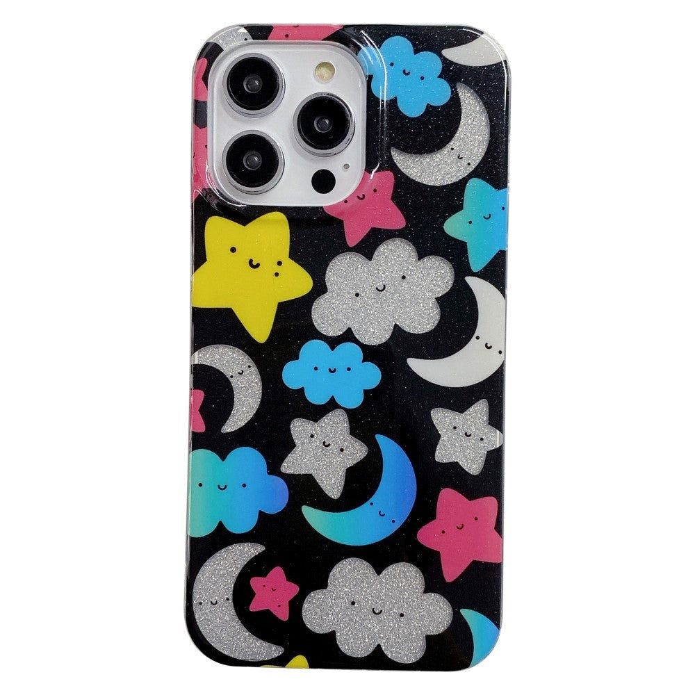 iPhone 14 Pro Glitter Plastik Cover - Sort / Stjerner & Måner