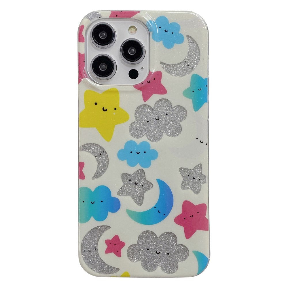 iPhone 14 Pro Glitter Plastik Cover - Hvid / Stjerner & Måner