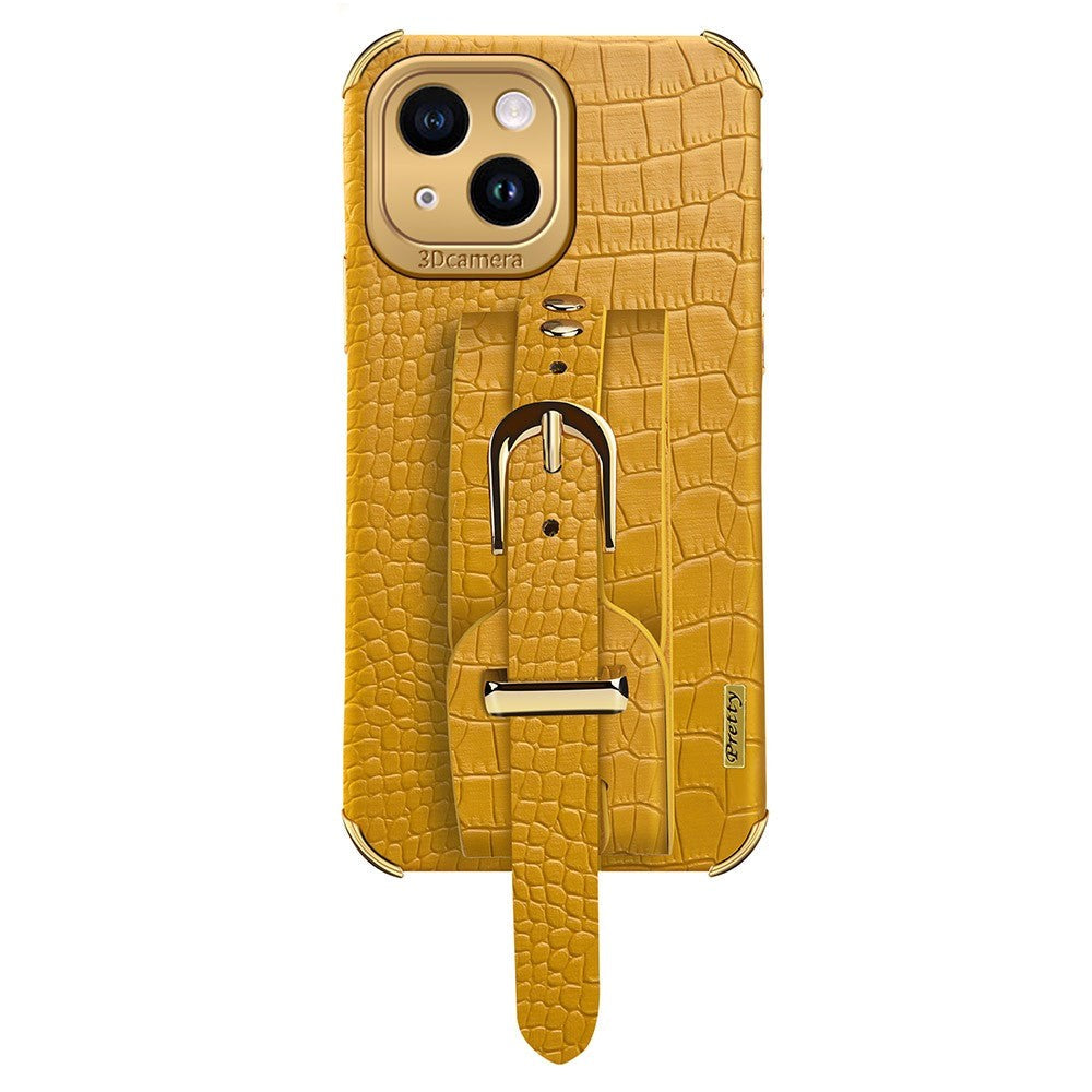 iPhone 14 Krokodille Læder Cover m. Strop - Gul