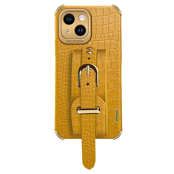 iPhone 14 Krokodille Læder Cover m. Strop - Gul