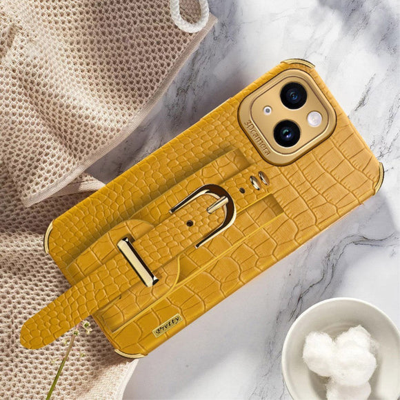 iPhone 14 Krokodille Læder Cover m. Strop - Gul