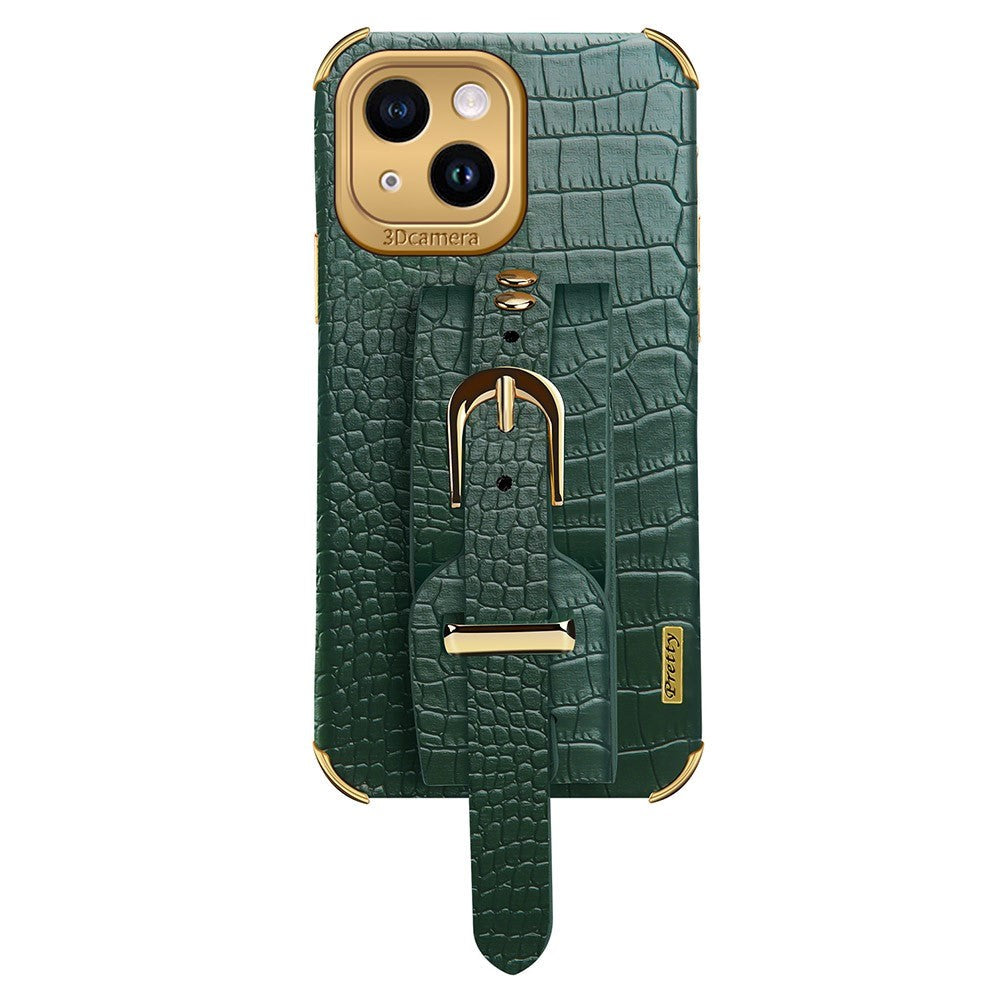 iPhone 14 Krokodille Læder Cover m. Strop - Grøn