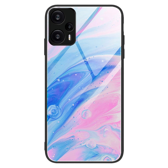 Xiaomi Poco F5 Plastik Cover m. Glasbagside - Blå og Lyserød Marmor