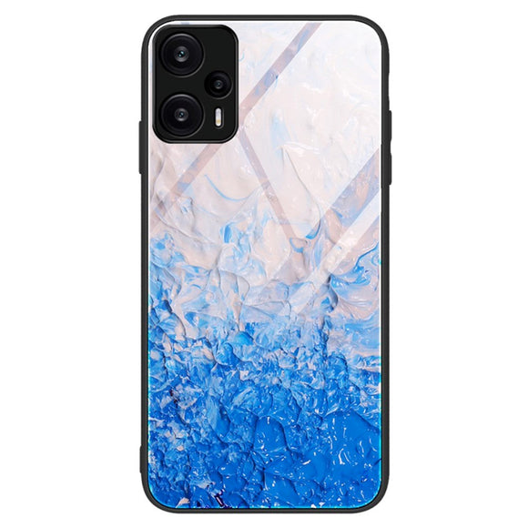 Xiaomi Poco F5 Plastik Cover m. Glasbagside - Blå og Lyserød Marmor Mønster