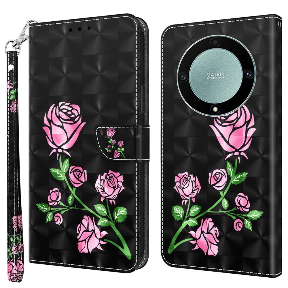 Honor Magic5 Lite Light Spot Læder Flip Cover - Sort med Lyserøde Roser
