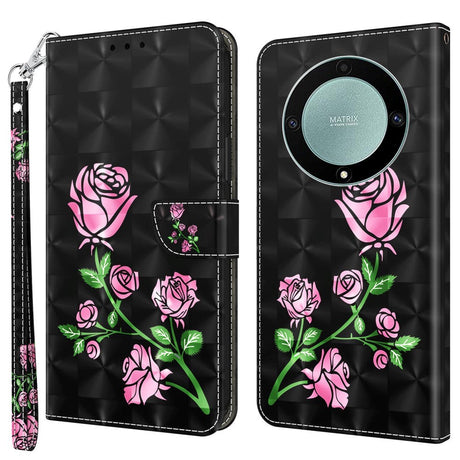Honor Magic5 Lite Light Spot Læder Flip Cover - Sort med Lyserøde Roser
