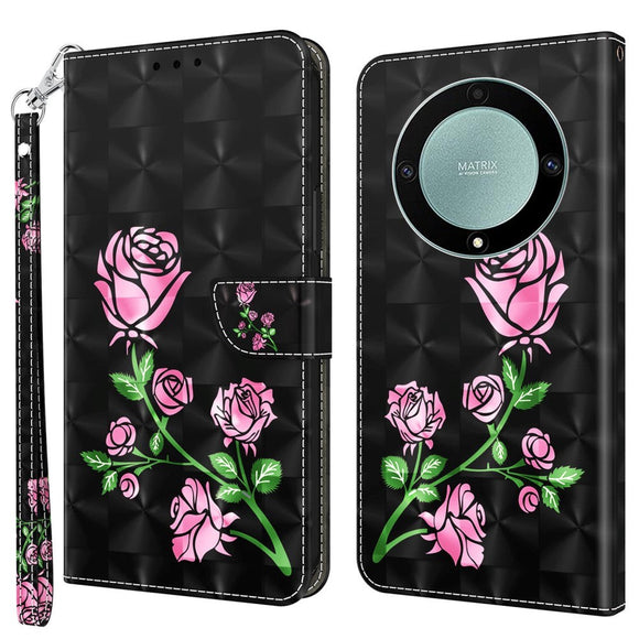 Honor Magic5 Lite Light Spot Læder Flip Cover - Sort med Lyserøde Roser