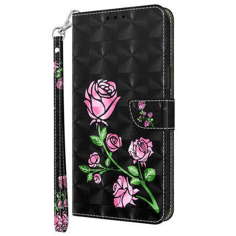 Honor Magic5 Lite Light Spot Læder Flip Cover - Sort med Lyserøde Roser