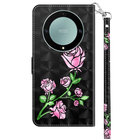 Honor Magic5 Lite Light Spot Læder Flip Cover - Sort med Lyserøde Roser