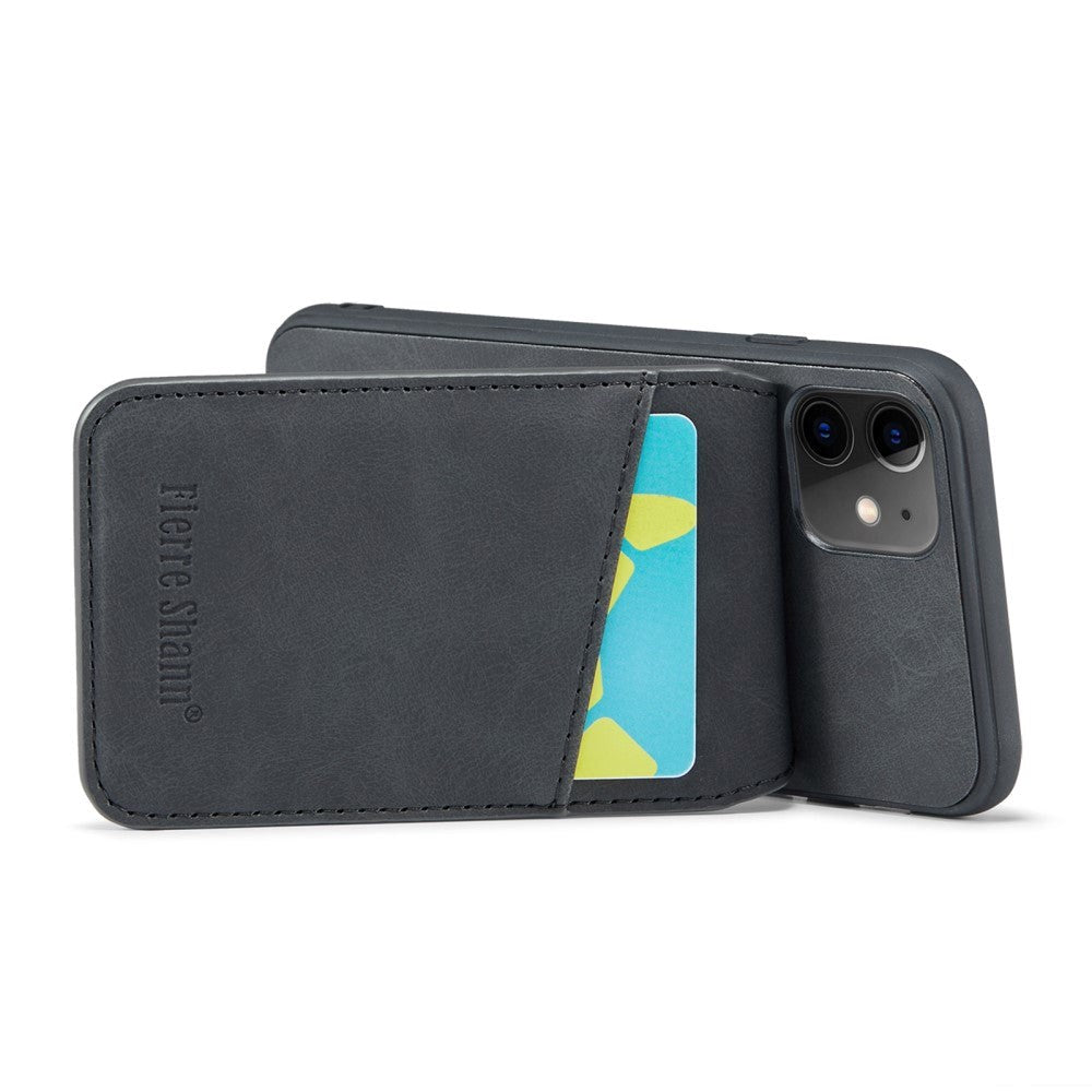 iPhone 11 Læderbelagt Plastik Cover m. Kortholdere og Ståfunktion - Sort