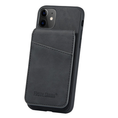 iPhone 11 Læderbelagt Plastik Cover m. Kortholdere og Ståfunktion - Sort