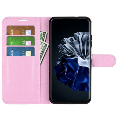 Huawei P60 Pro Litchi Læder Cover m. Pung - Lyserød