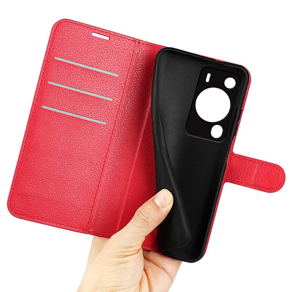 Huawei P60 Pro Litchi Læder Cover m. Pung - Rød