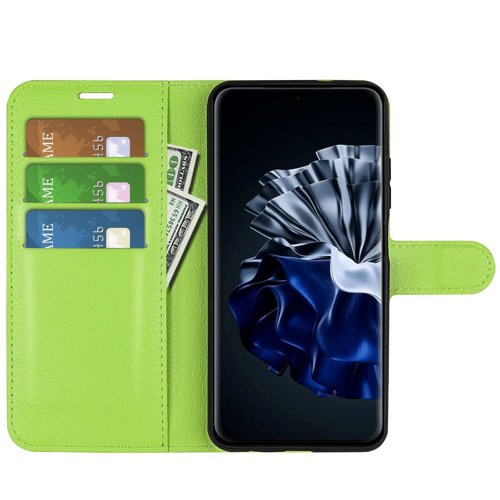 Huawei P60 Pro Litchi Læder Cover m. Pung - Grøn