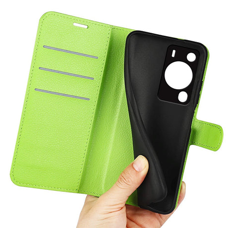 Huawei P60 Pro Litchi Læder Cover m. Pung - Grøn