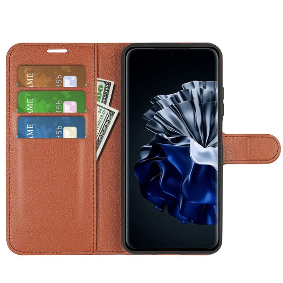 Huawei P60 Pro Litchi Læder Cover m. Pung - Brun