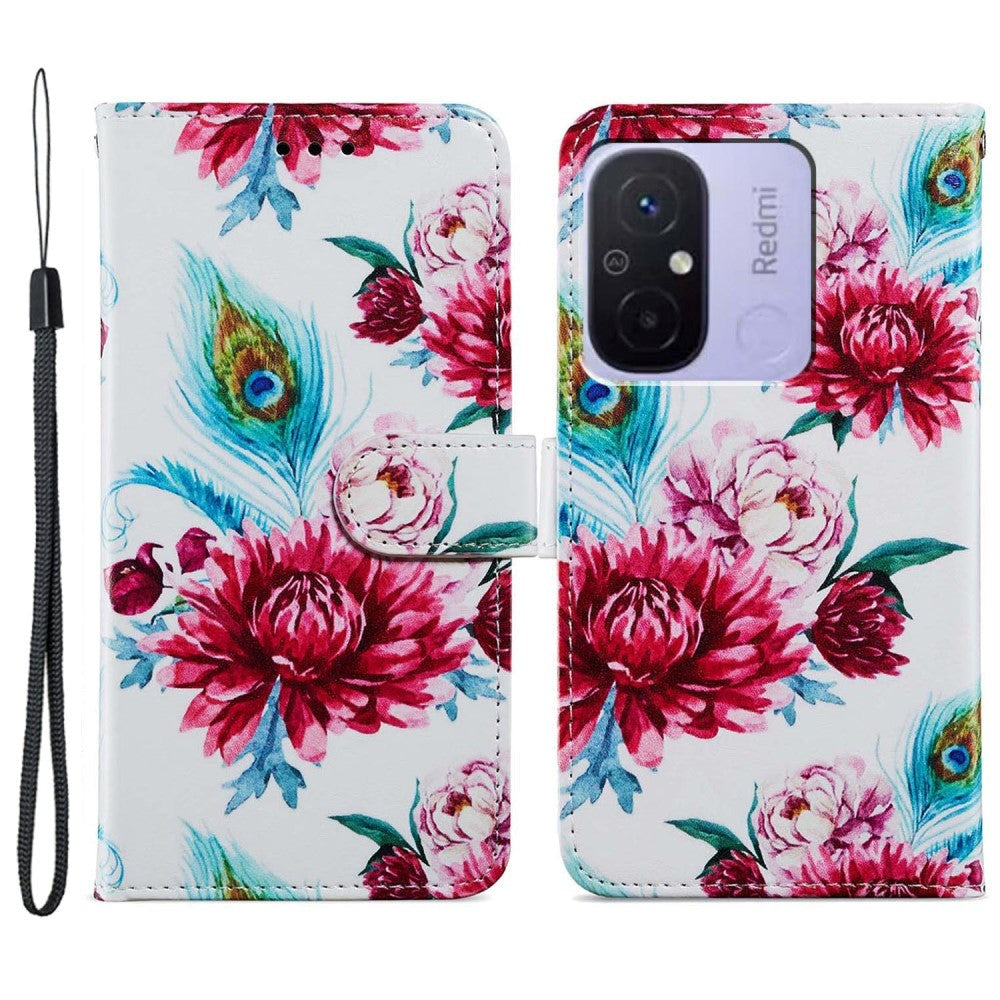 Xiaomi Redmi 12C Læder Cover m. Pung og Strop - Påfuglefjer