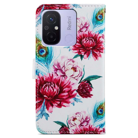Xiaomi Redmi 12C Læder Cover m. Pung og Strop - Påfuglefjer