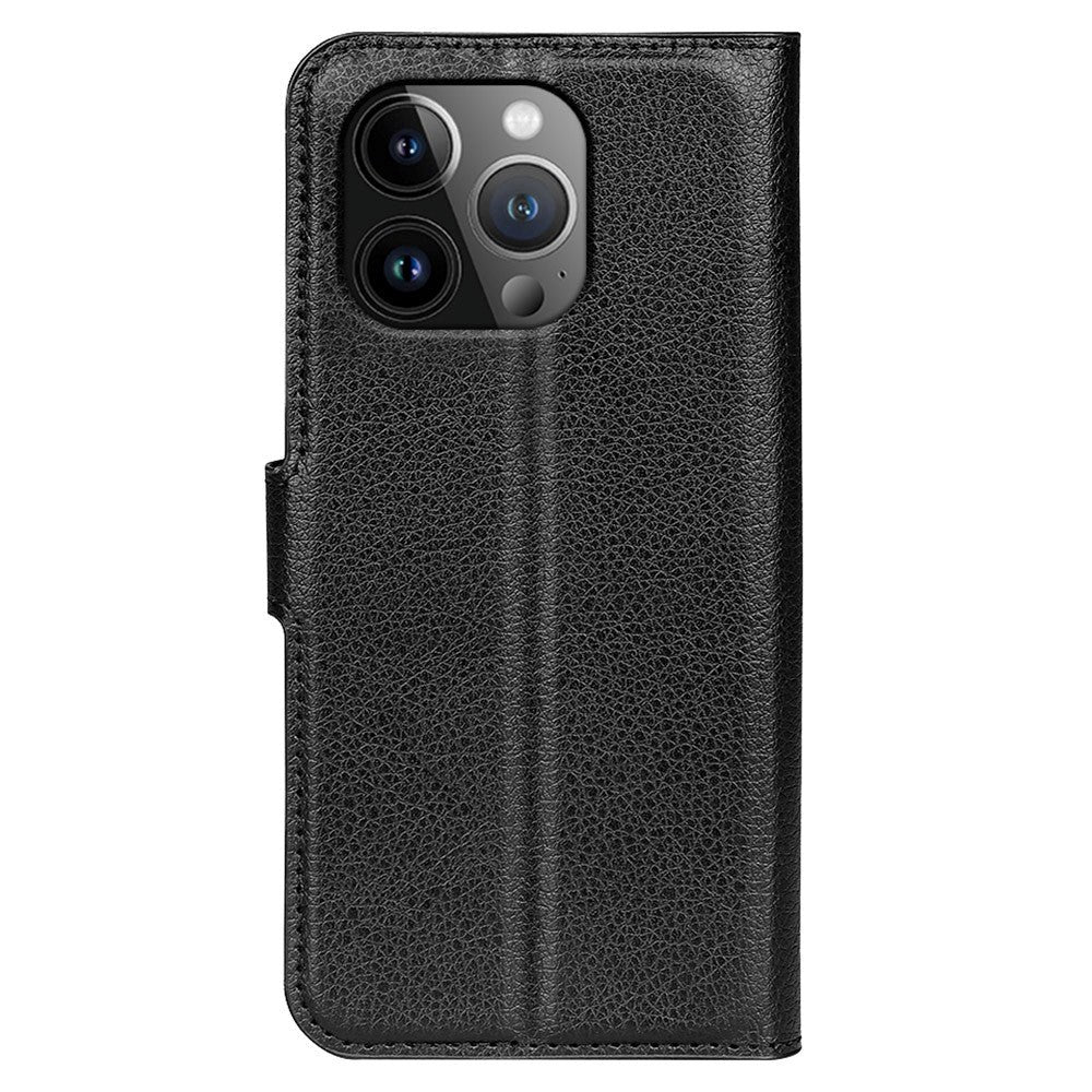 iPhone 15 Pro Max Litchi Læder Cover m. Pung - Sort