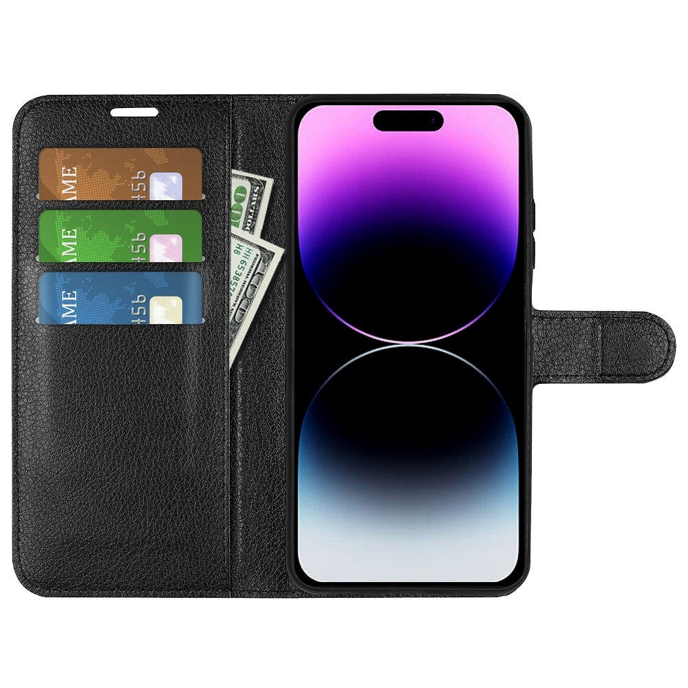 iPhone 15 Pro Max Litchi Læder Cover m. Pung - Sort