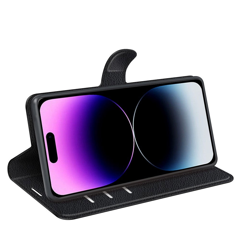 iPhone 15 Pro Max Litchi Læder Cover m. Pung - Sort