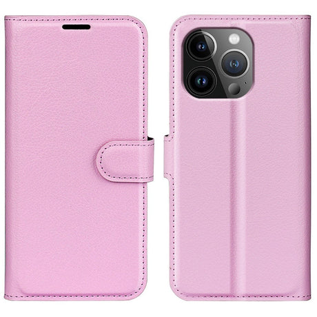 iPhone 15 Pro Max Litchi Læder Cover m. Pung - Lyserød