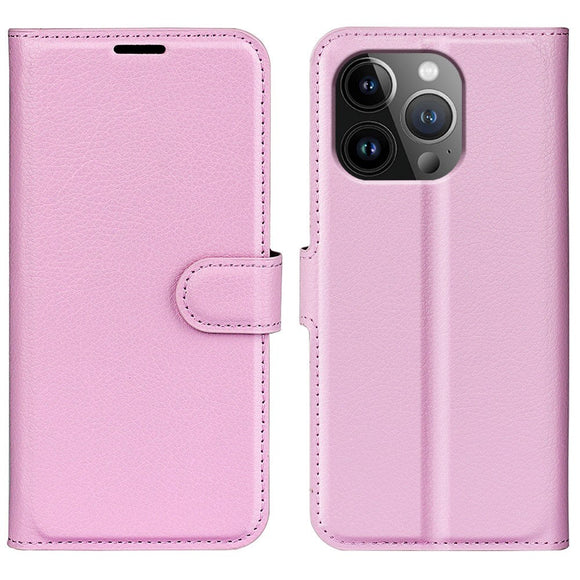 iPhone 15 Pro Max Litchi Læder Cover m. Pung - Lyserød