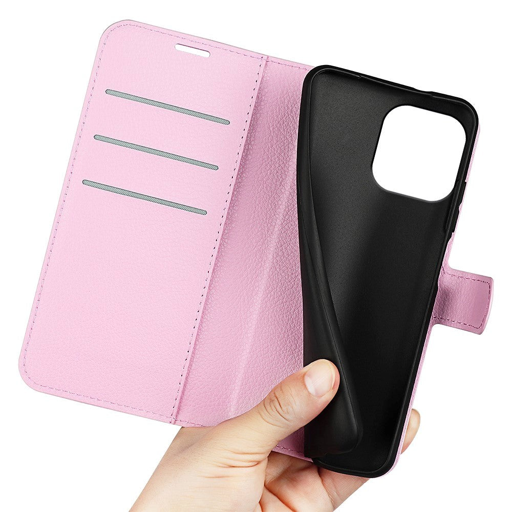 iPhone 15 Pro Max Litchi Læder Cover m. Pung - Lyserød