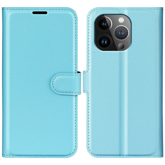 iPhone 15 Pro Max Litchi Læder Cover m. Pung - Blå